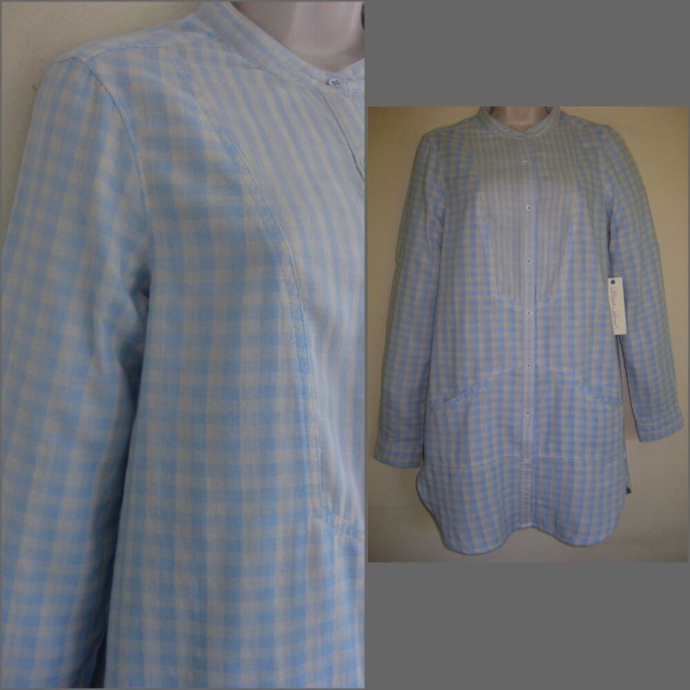 NWT Pure cotton tunic S $104 Checks Blue White Pockets Gingham Shirt Top Buttons